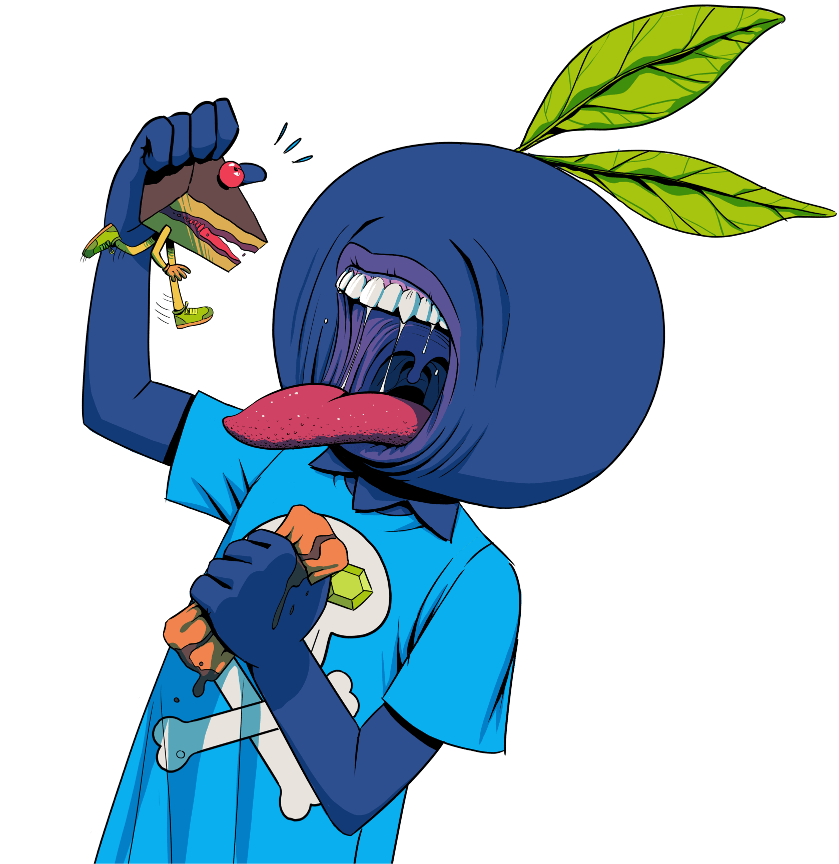 First illustration of CBD pack. A blueberry that eats a cake